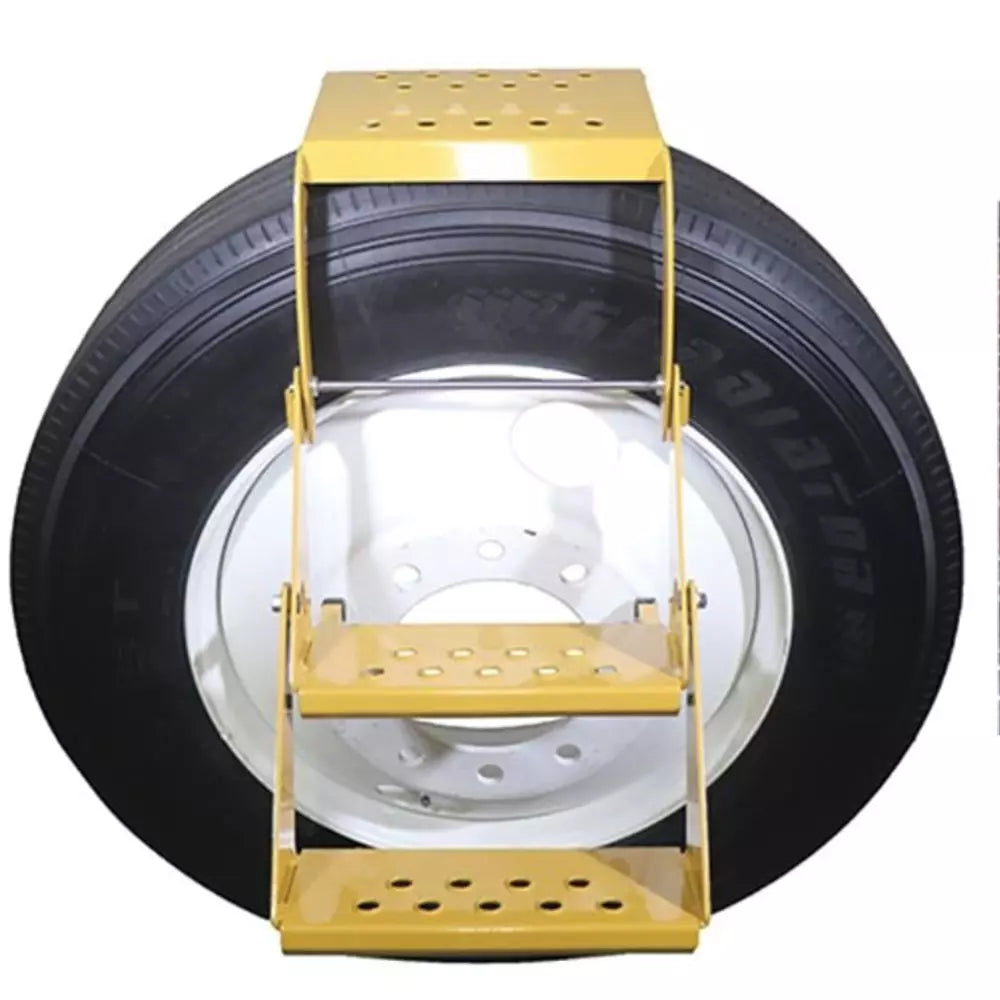 Standard Two-Step Big Truck Tire Step mounted on tire, built for stability and tested at 400-pound capacity.