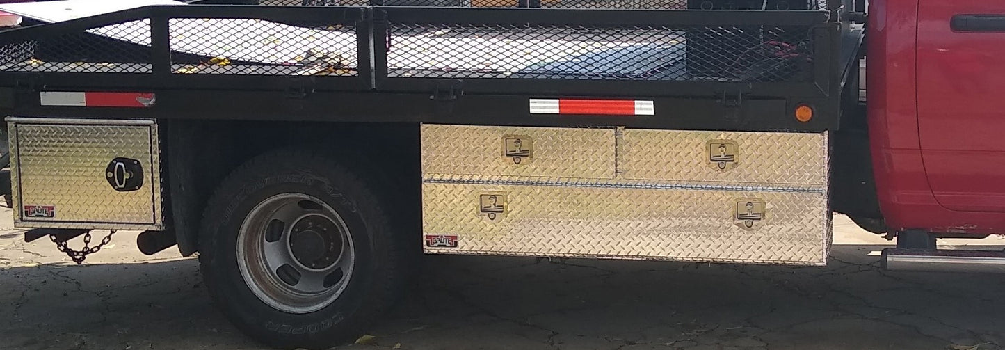 flat bed truck with underbody tool box with two drawers
