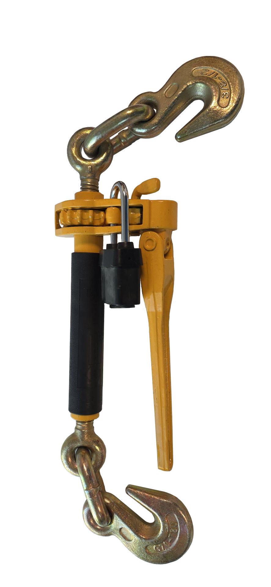 Mechanical pulley system with hooks on a white background