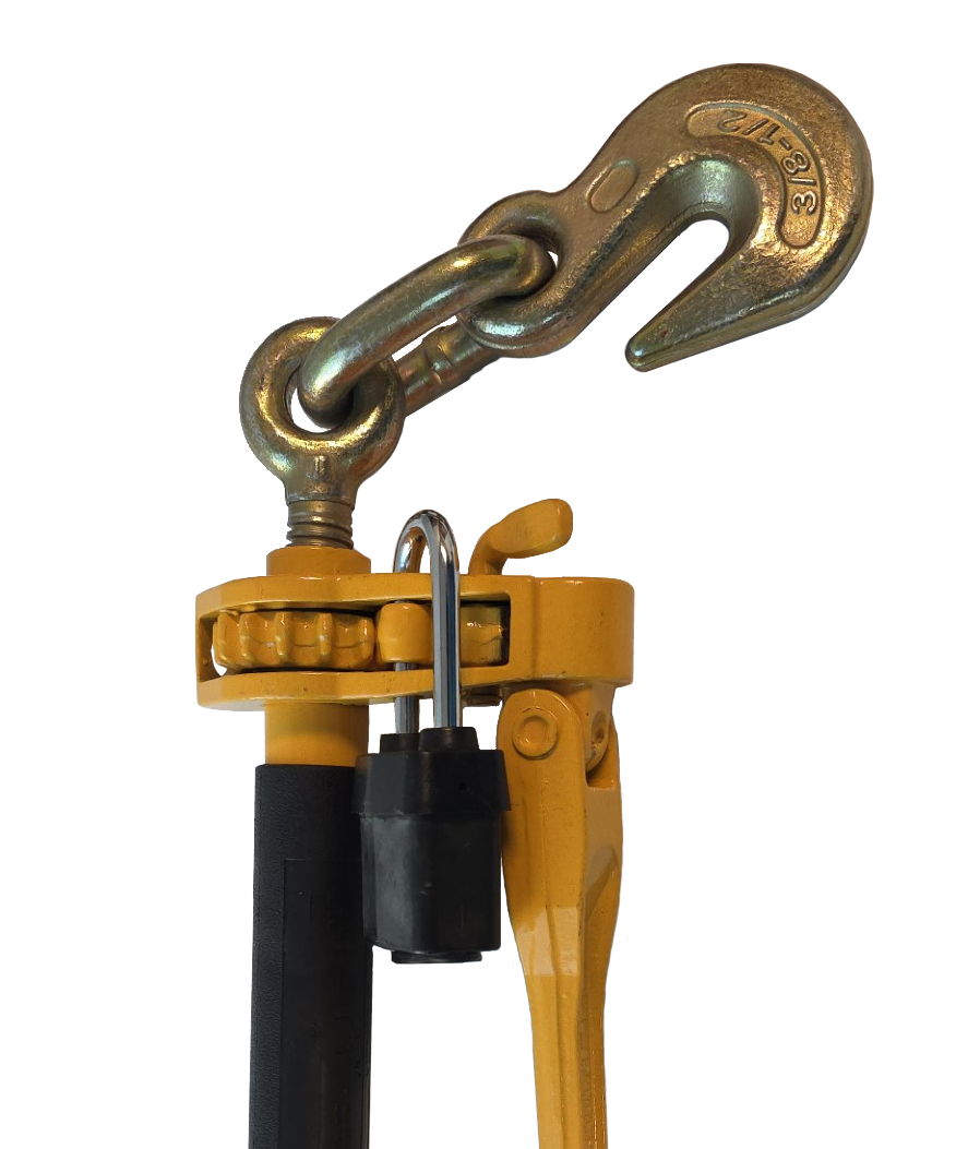 Yellow ratcheting strap with a metal hook on a white background