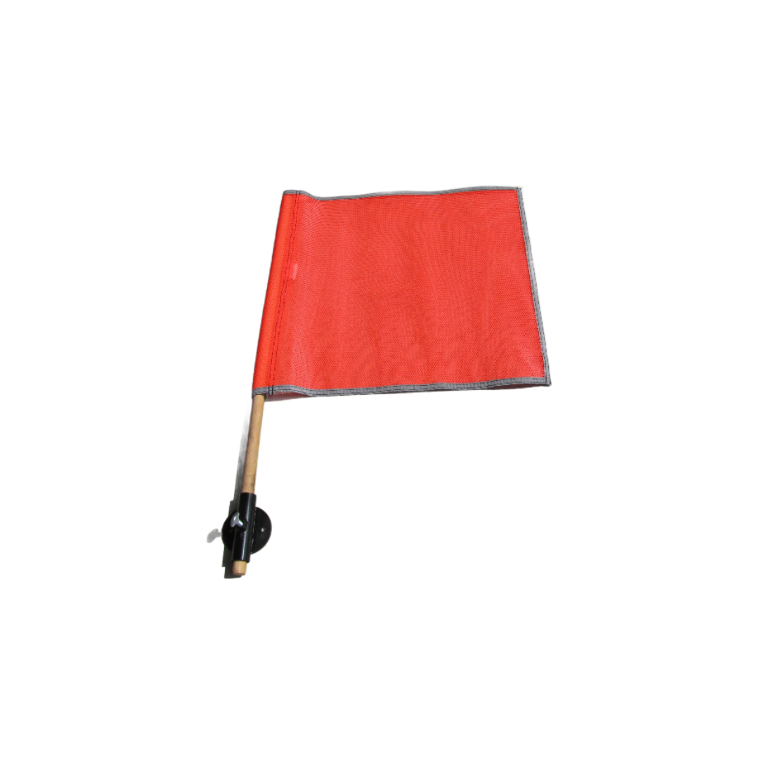 Red flag with wooden handle on a white background