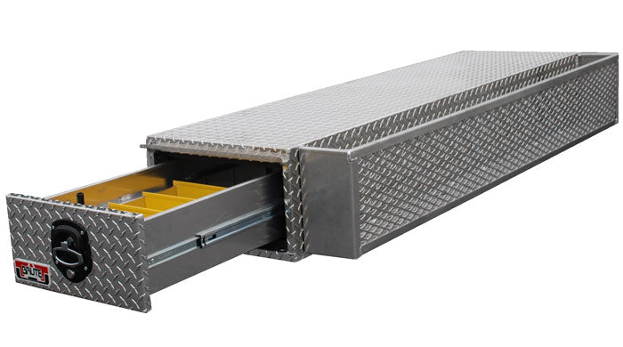 12" x 20" x 78"L HD FlatbedSafe Box, .100 thick diamond, features 2 pull out drawers and mesh tool basket for easy access.