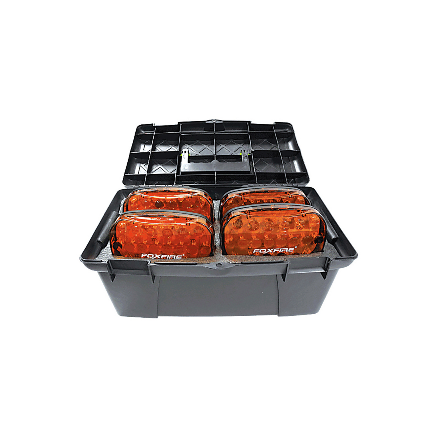 A set of FoxFire 4 magnetic lights packaged in a case, with options in red and amber colors, equipped with magnetic backings.