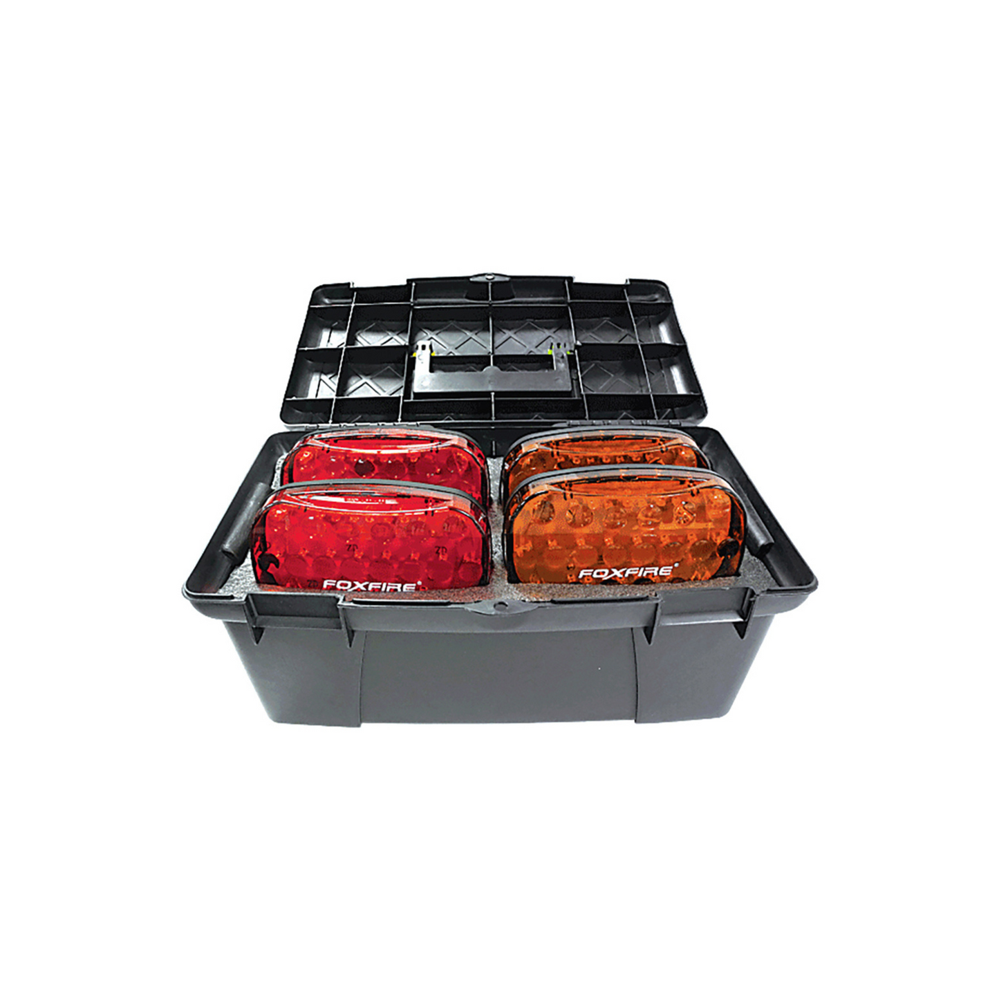 A set of FoxFire 4 magnetic lights packaged in a case, with options in red and amber colors, equipped with magnetic backings.