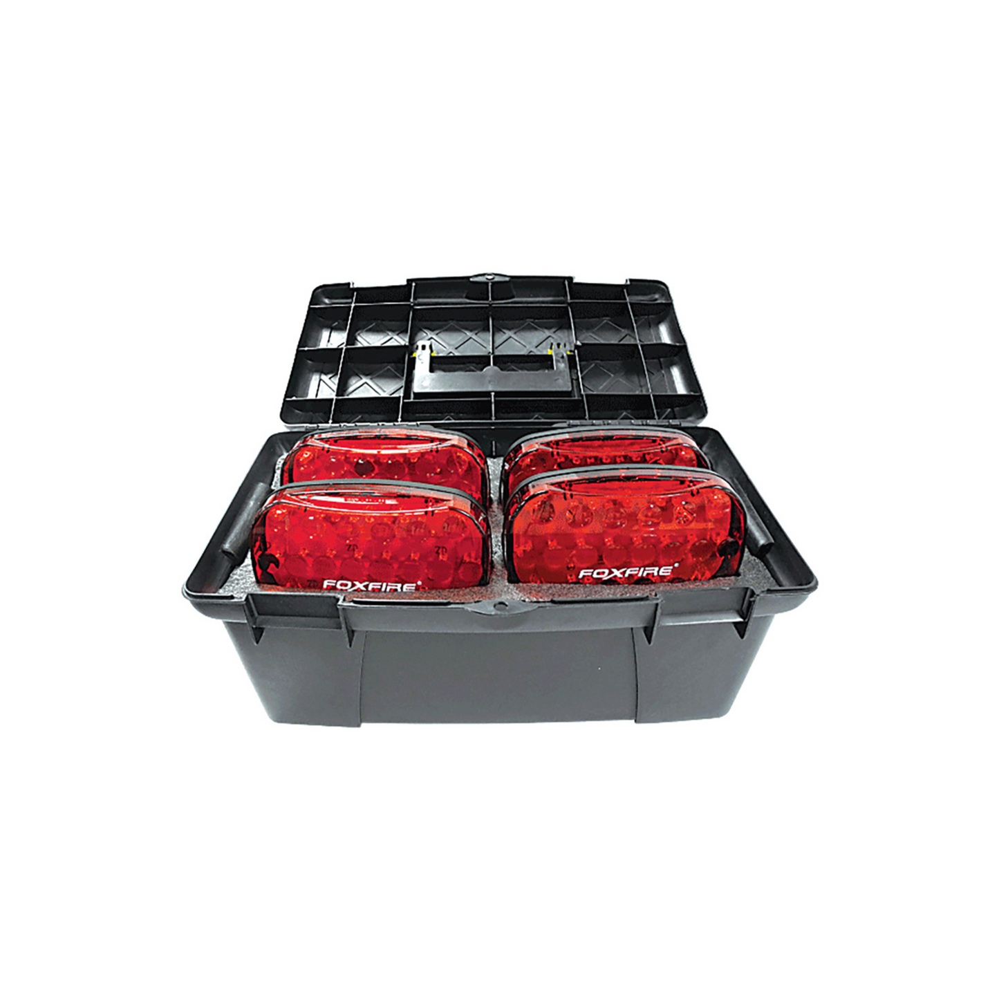 A set of FoxFire 4 magnetic lights packaged in a case, with options in red and amber colors, equipped with magnetic backings.