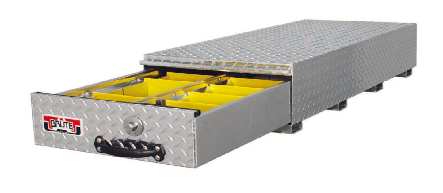 Metal storage drawer with yellow interior on a white background