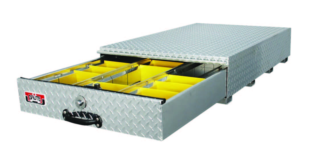 pull out tool box for truck beds made of aluminum diamond plating with yellow dividers for storage
