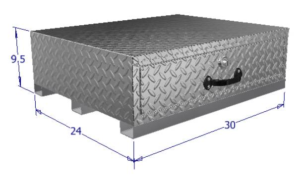 Metal toolbox with dimensions on a white background