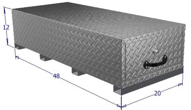 Metal toolbox with dimensions on a white background
