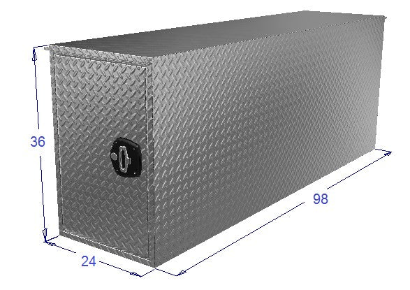 Dimensions of a tall cross over box built for commercial work trucks with extra large storage