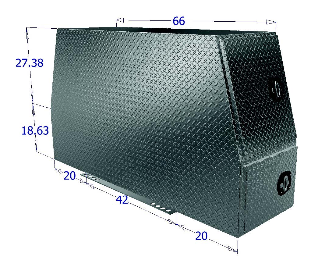 Dimensions of a diamond plate toolbox with measurements labeled