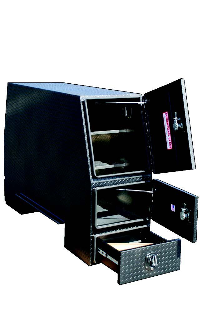 Black diamond-plate safe with open doors on a white background
