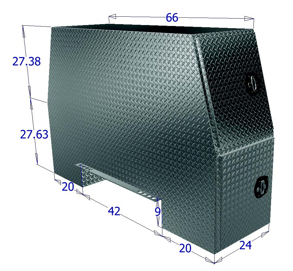 Diamond plate tool box with dimensions labeled on a white background