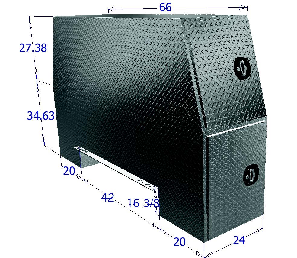 Diamond plate toolbox with dimensions labeled on a white background