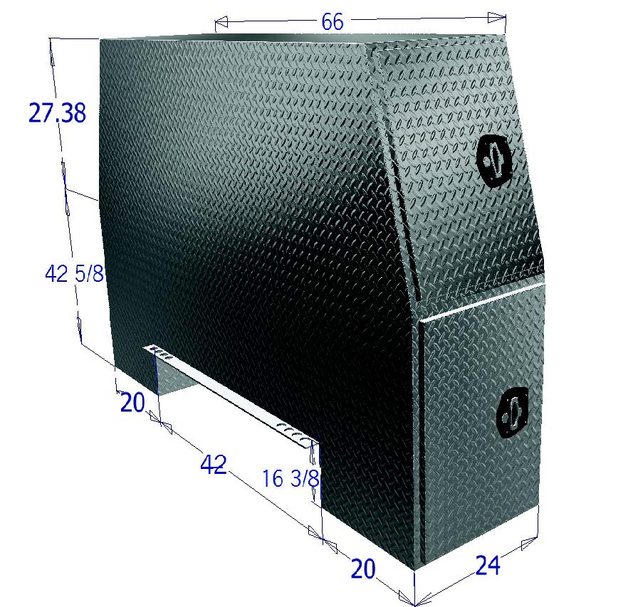Metal toolbox with dimensions labeled on a white background