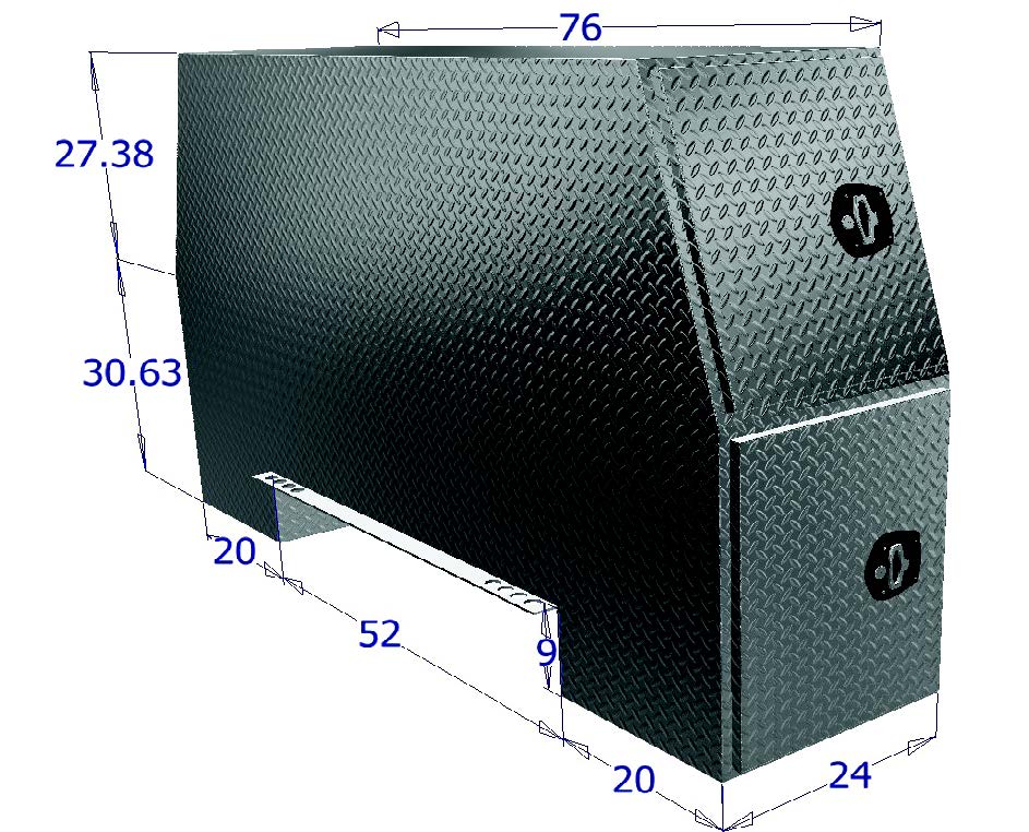 Diamond plate toolbox with dimensions labeled on a white background