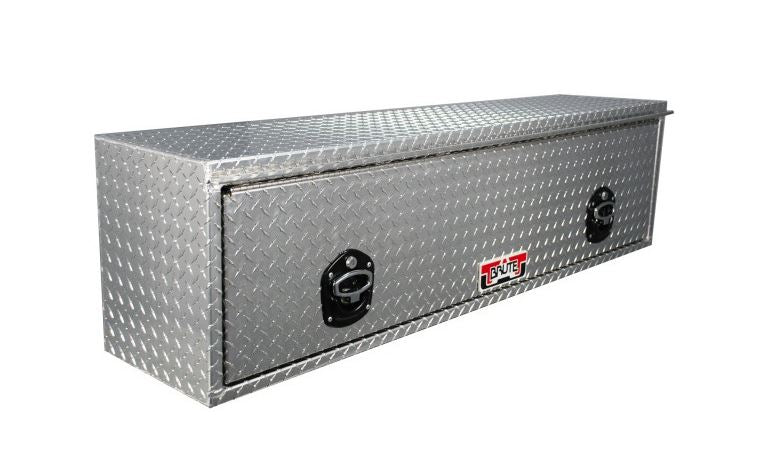 A metal truck bed storage box with a diamond plate pattern and a locking mechanism.