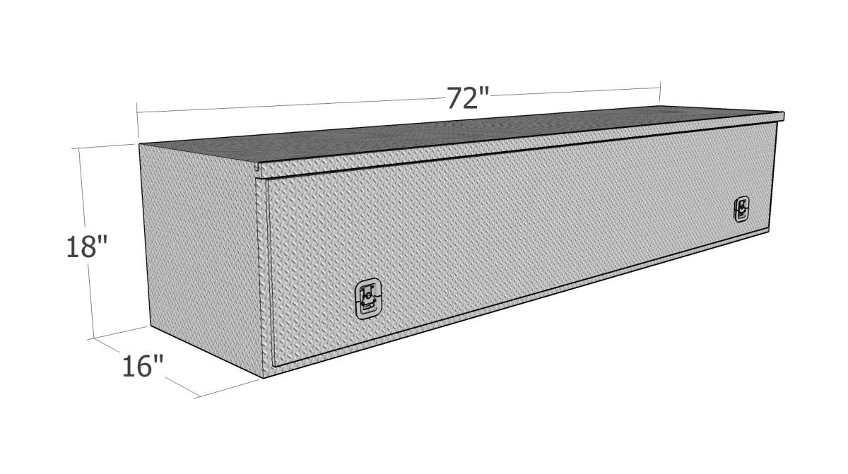 Dimensions of a rectangular metal toolbox on a white background