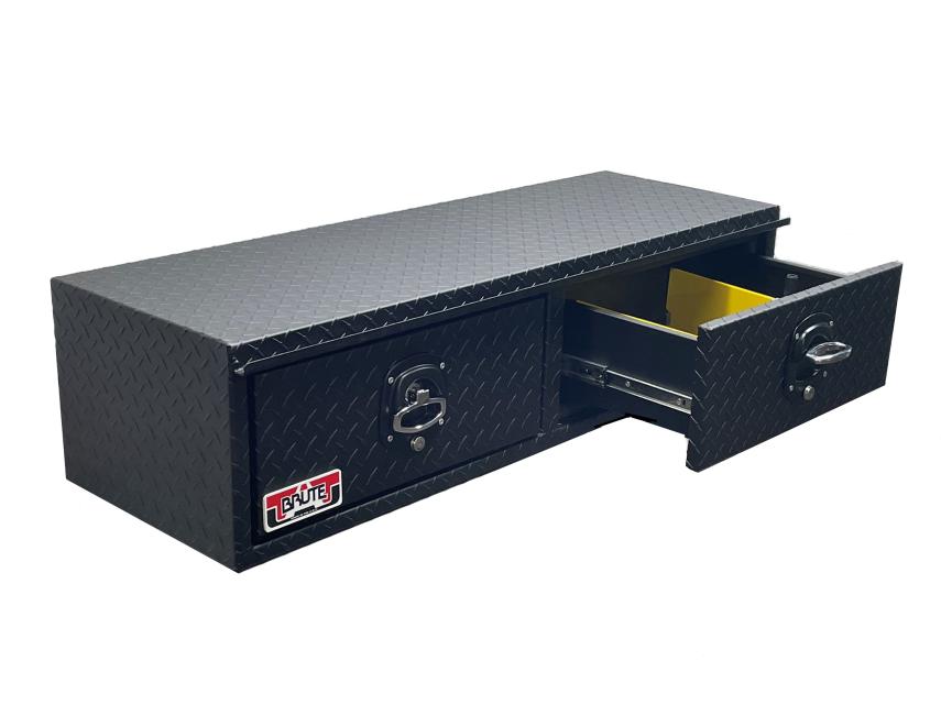 black powder coat tool box with two drawers and dividers