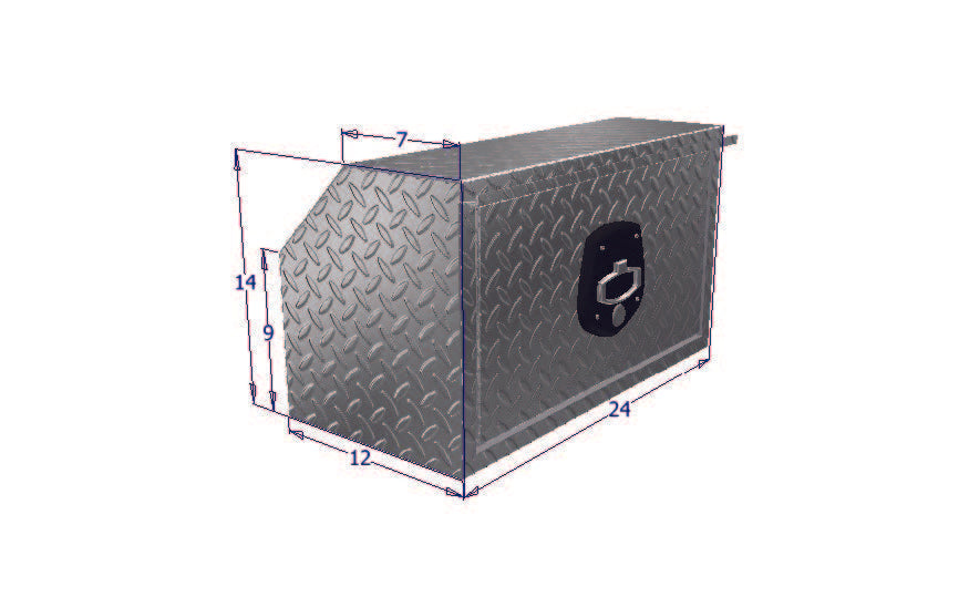 Metal toolbox with dimensions indicated on a white background