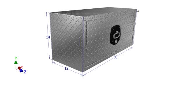 Metal toolbox with dimensions labeled on a white background