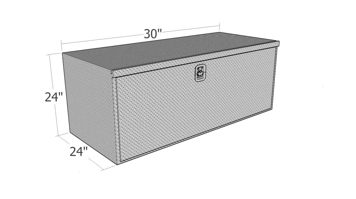 Dimensions of a rectangular metal toolbox on a white background