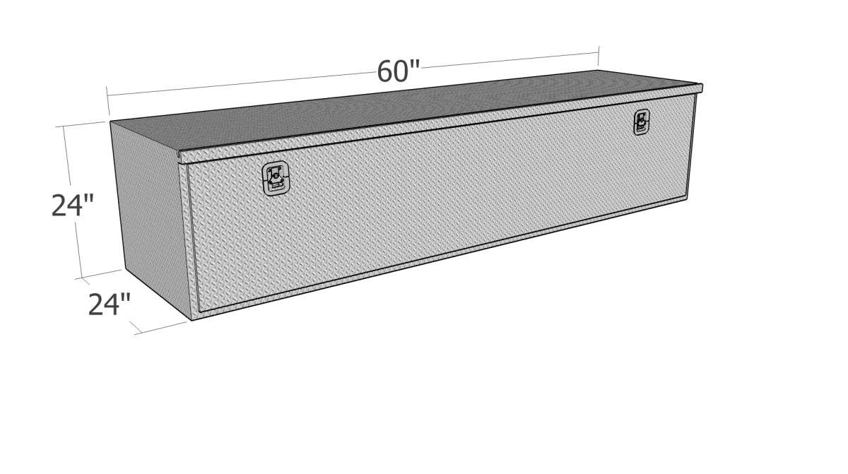 Diagram of a metal toolbox with dimensions on a white background