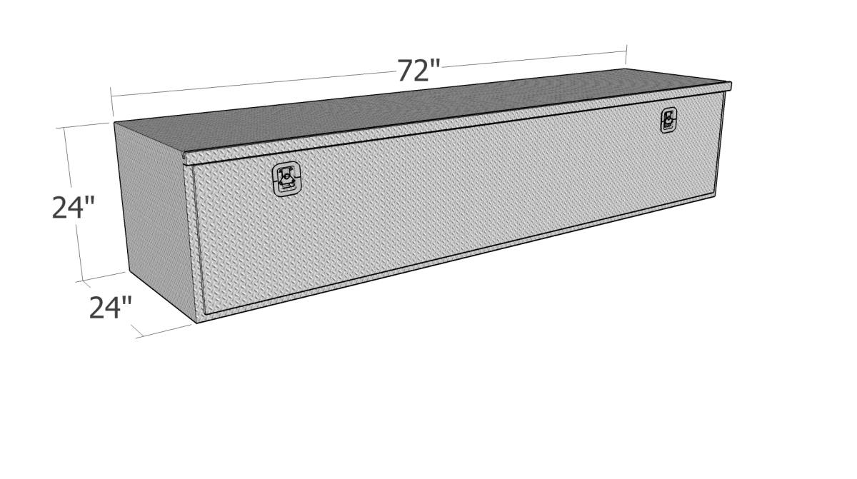 Dimensions of a large metal toolbox with brand logo on a white background