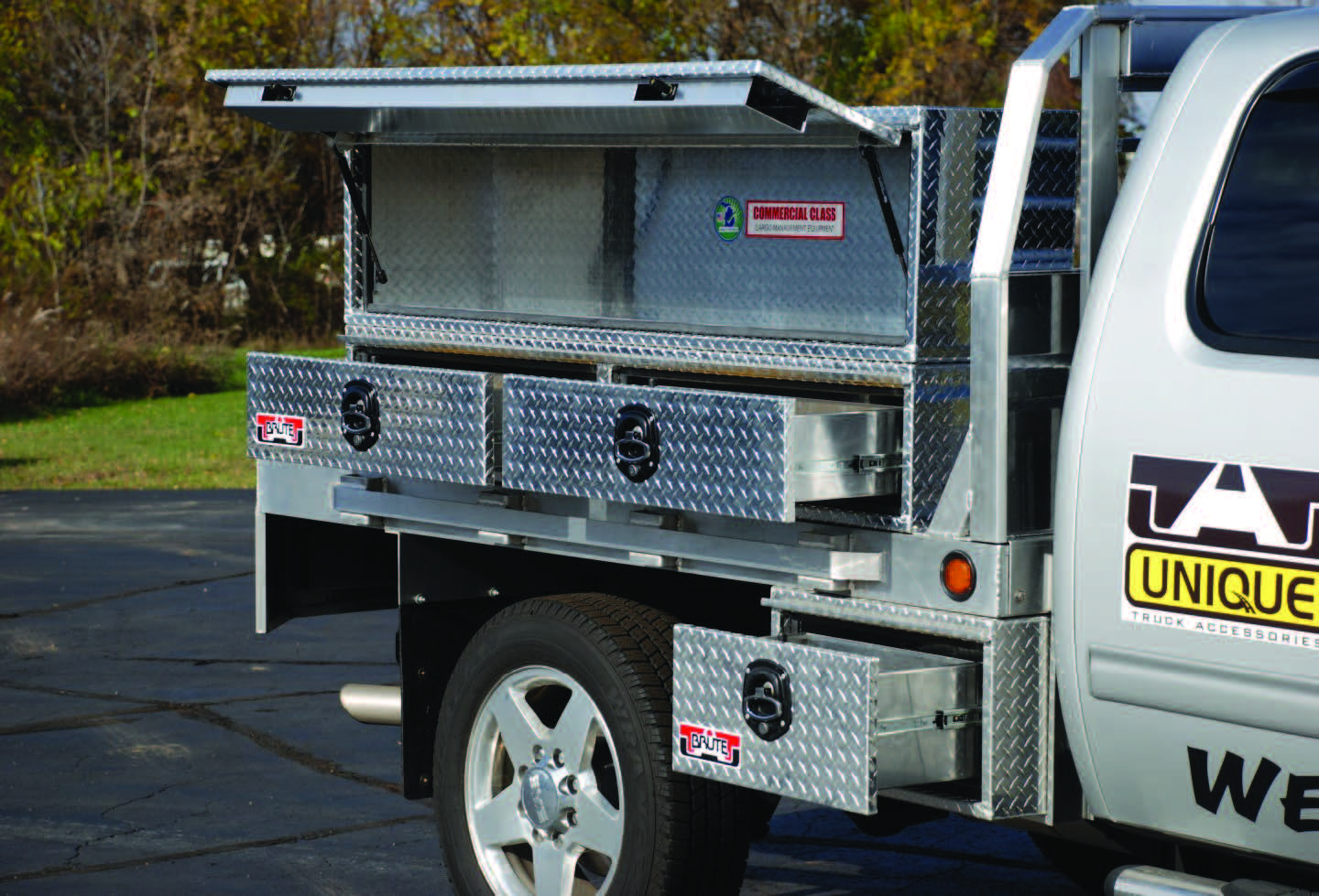 truck with 2 drawers on a flat bed with a topsider on top