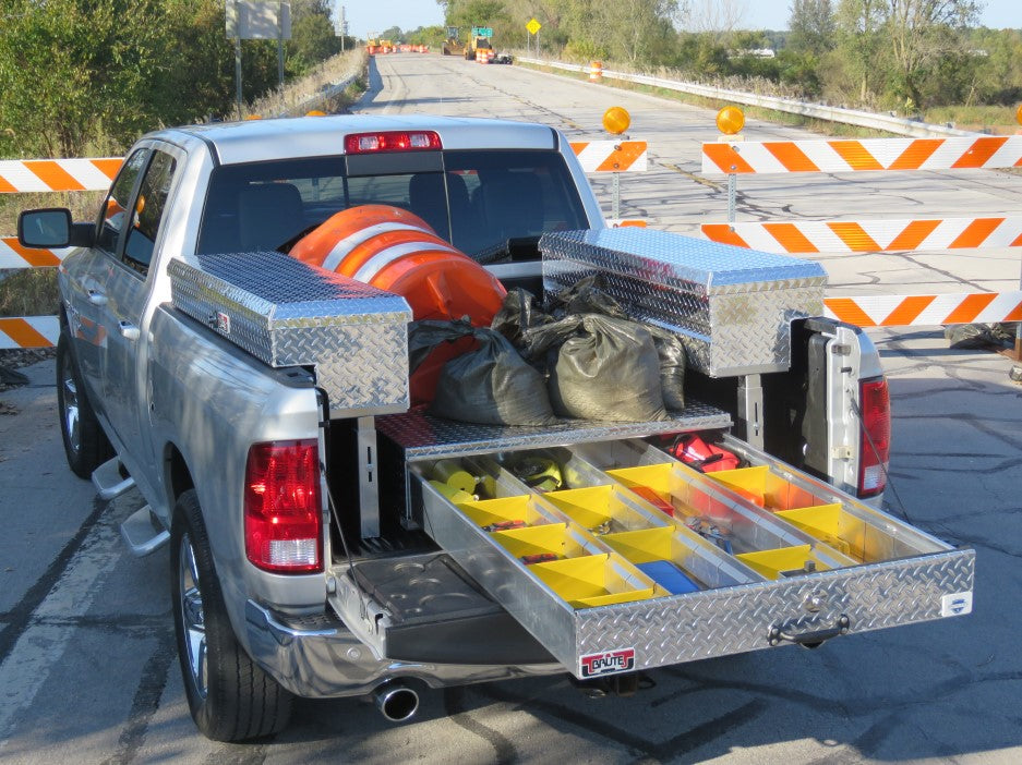 Truck bed with ToolBox on the sides and a bed safe pull out drawer