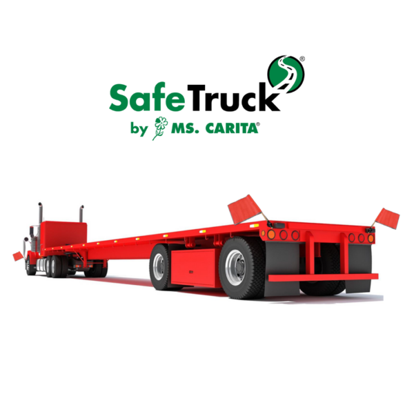 Red trailer truck with SafeTruck by MS. Carita logo on a white background