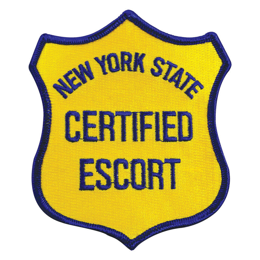 Embroidered New York State Escort Patch in blue on yellow, 4"x4", perfect for iron-on backing.