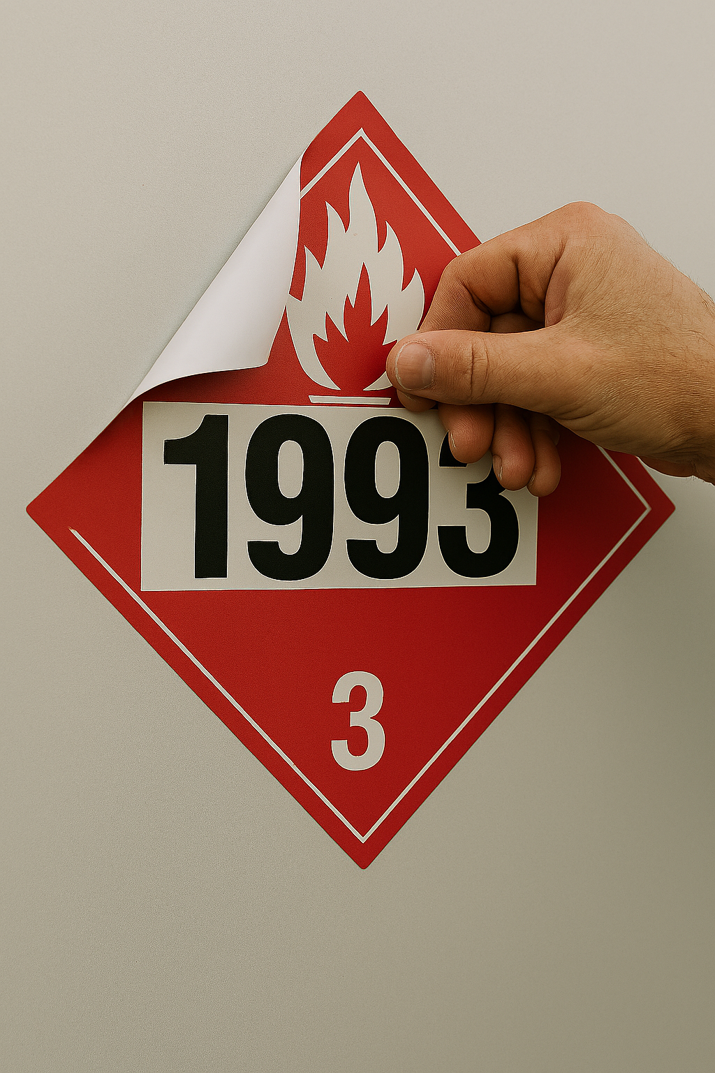 Hand holding a red and white hazard sign with number '1995' and flame symbol.