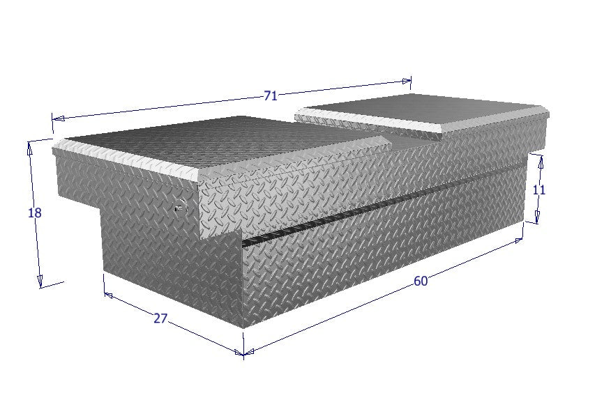 Dimensions of a metal toolbox with measurements labeled