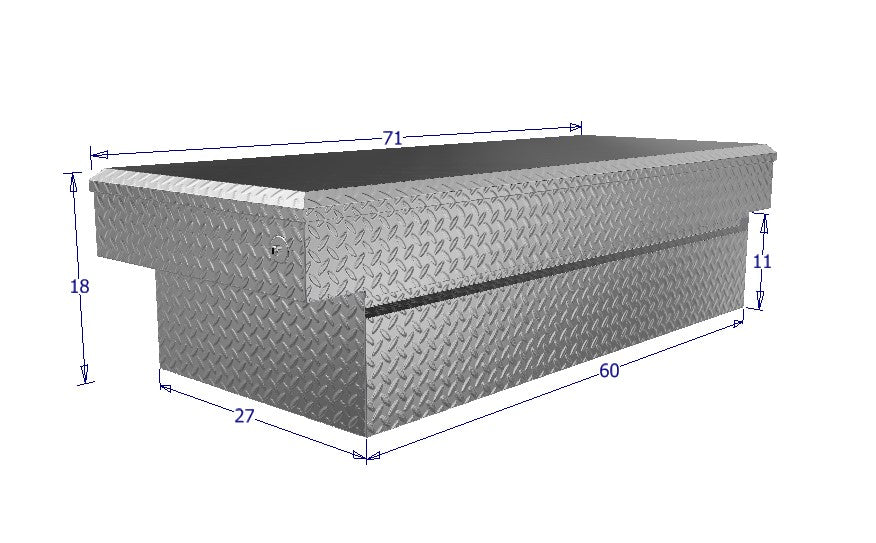 Dimensions of a metal toolbox with measurements labeled for a truck bed or commercial work truck