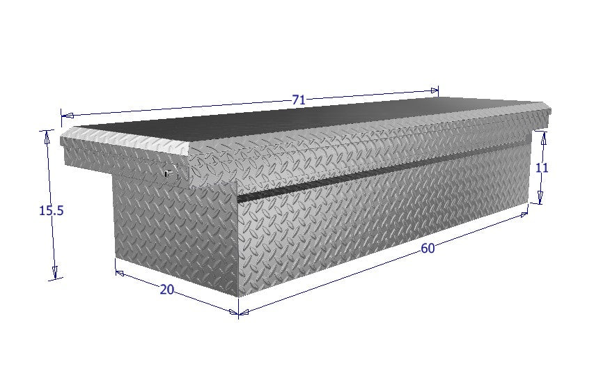 Dimensions of a metal toolbox with measurements in centimeters on a white background