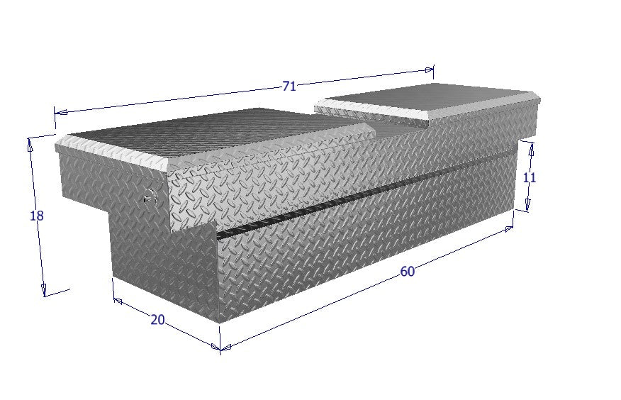 Dimensions of a metallic toolbox with dimensions labeled on a white background