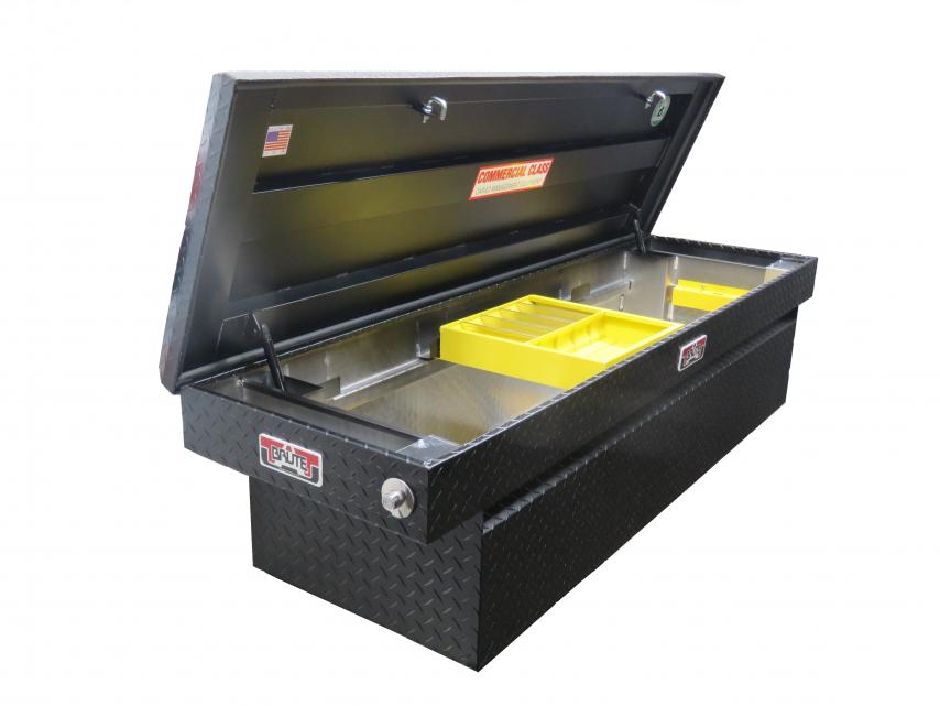 powder coated tool box open to show organizer and tool storage