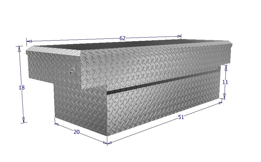 Diamond plate tool box with dimensions labeled on a white background