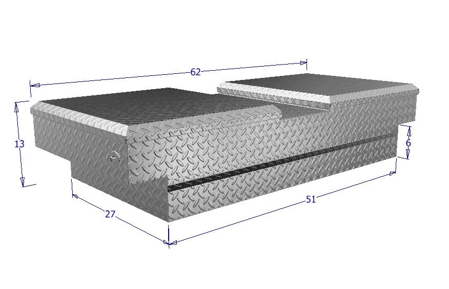 Dimensions of a diamond plate toolbox on a white background for commercial trucks tool box