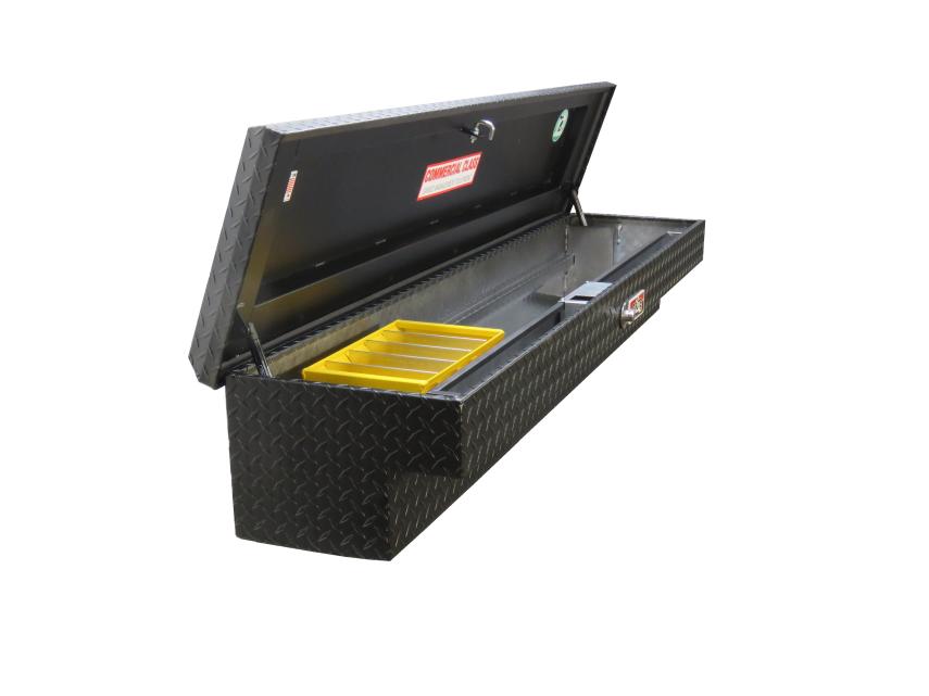 Powder CoatedLosider Tool Box in black from Brute with Lid open showing dividers and locking mechanism