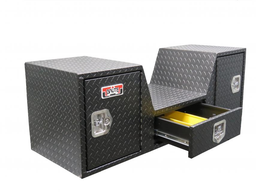 V Neck tool box in black powder coating with doors and drawers