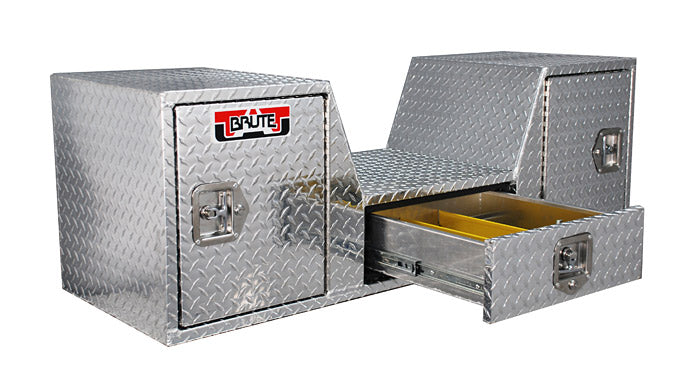 V Neck tool box in Polished Aluminum with 2 doors and a drawer