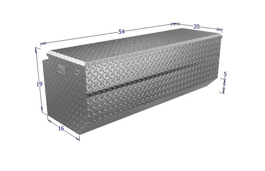 Metal toolbox with dimensions on a white background