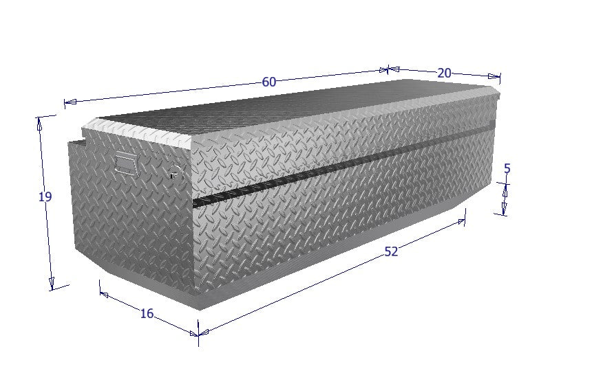Dimensions of a metallic toolbox on a white background