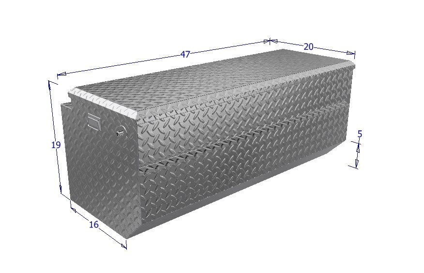Metal toolbox with dimensions on a white background