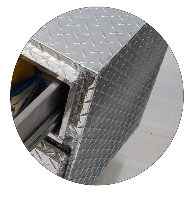 close up of diamond plating and rain gutters on tool boxes
