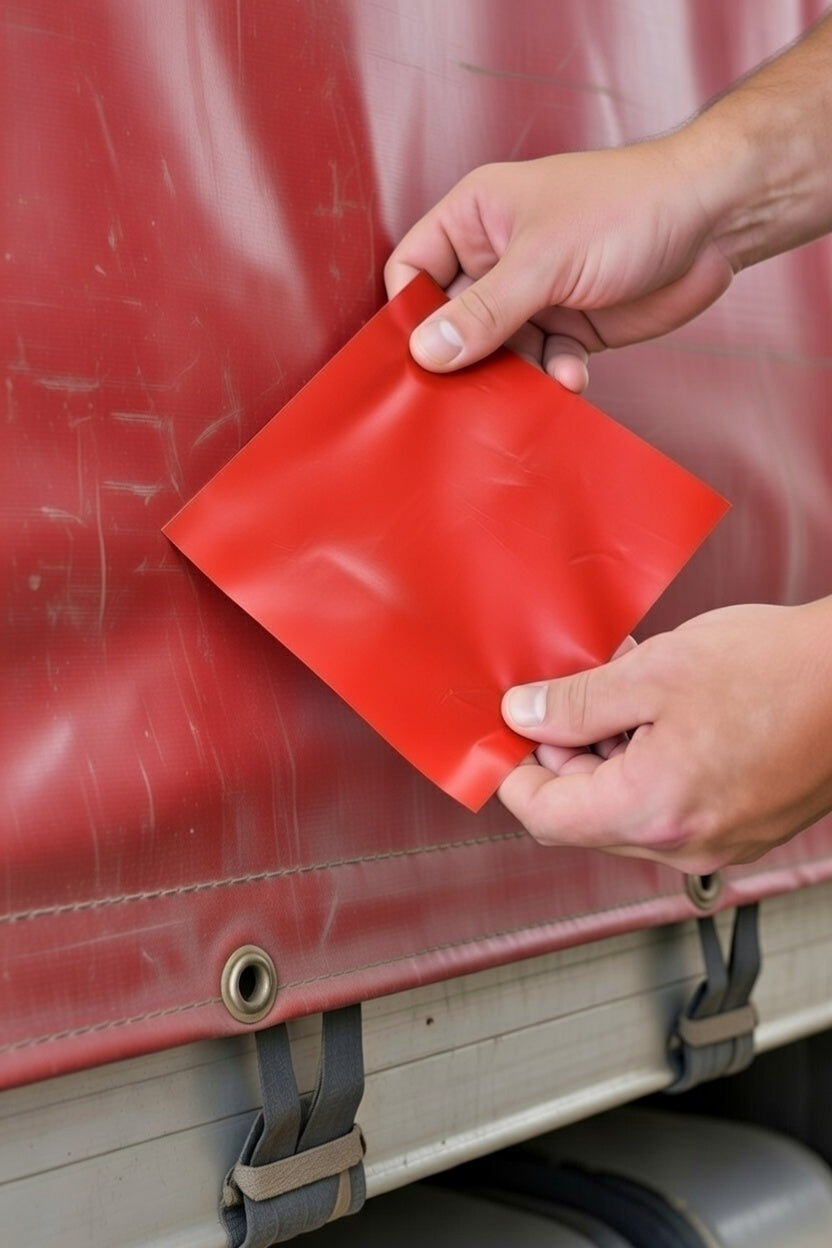 Person applying a red adhesive patch to a vehicle's surface