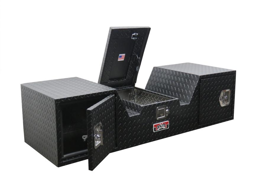 5th wheel tool box in black powder coating with locking cabinets