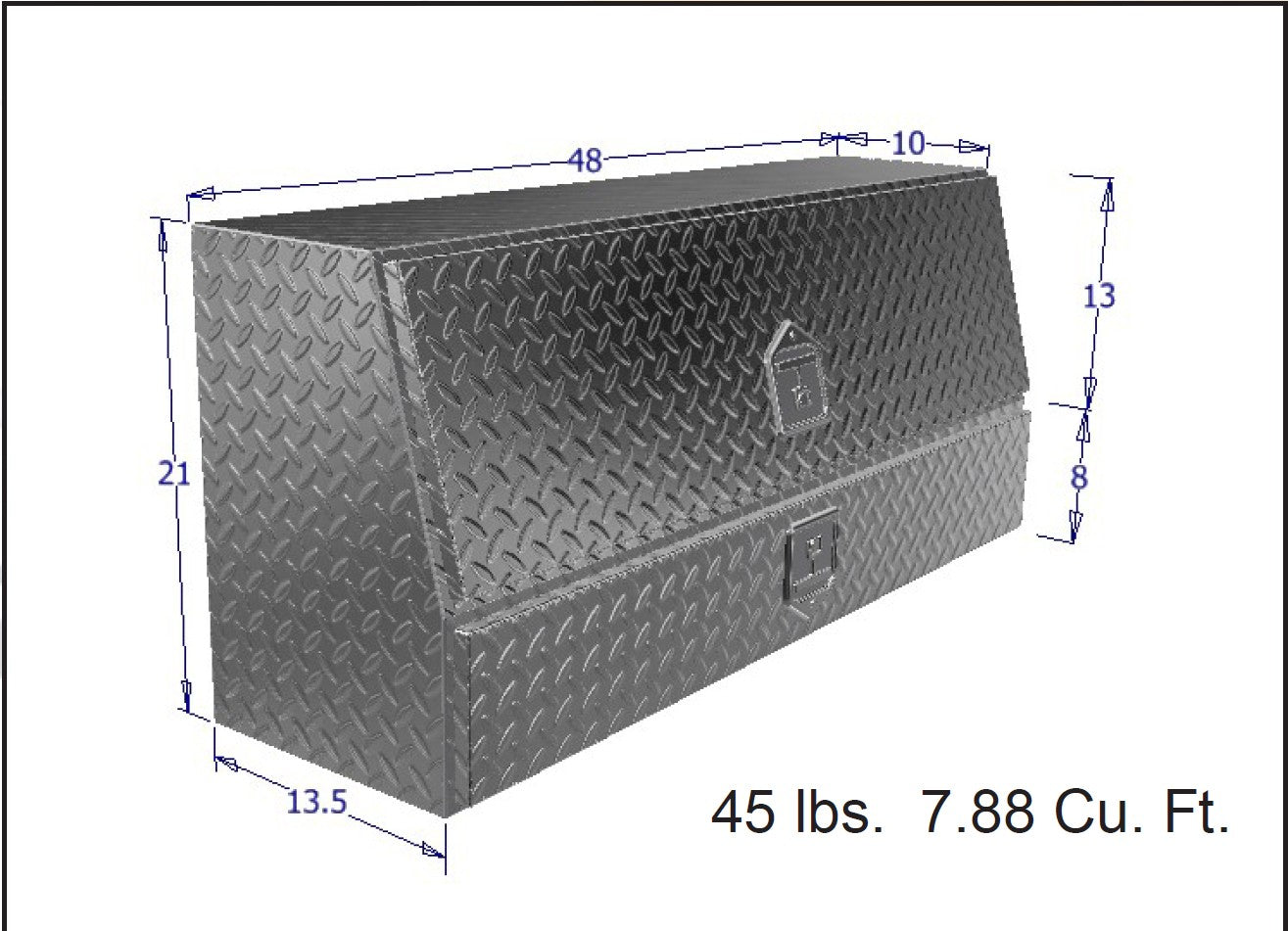 Dimensions of a Brute metal toolbox with weight and volume information.